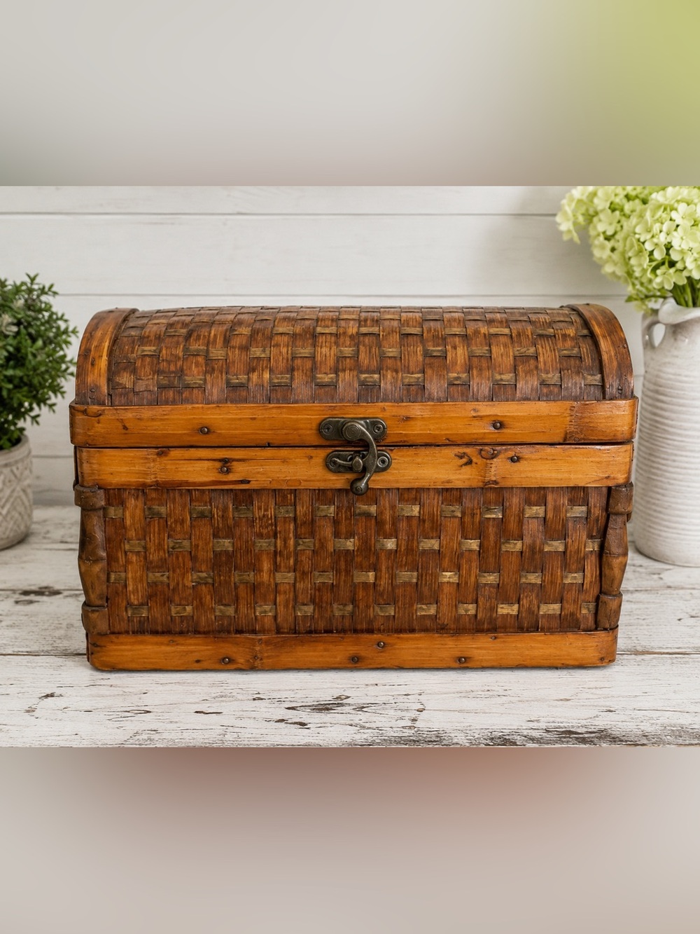 Vintage Woven Rattan Bamboo Treasure Chest Storage Box Wood Brass Latch Boho